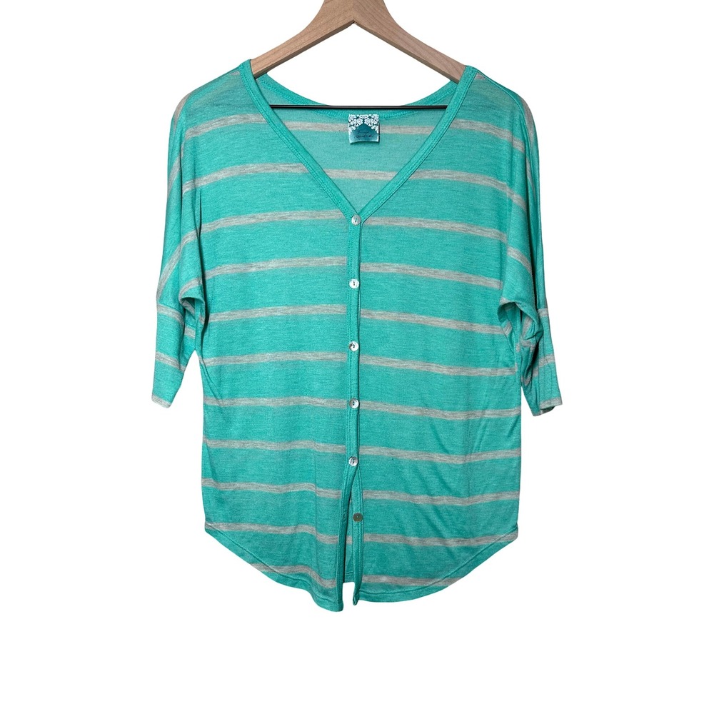 Teal & Gray Striped Lightweight Button Front Cardigan Women's Large